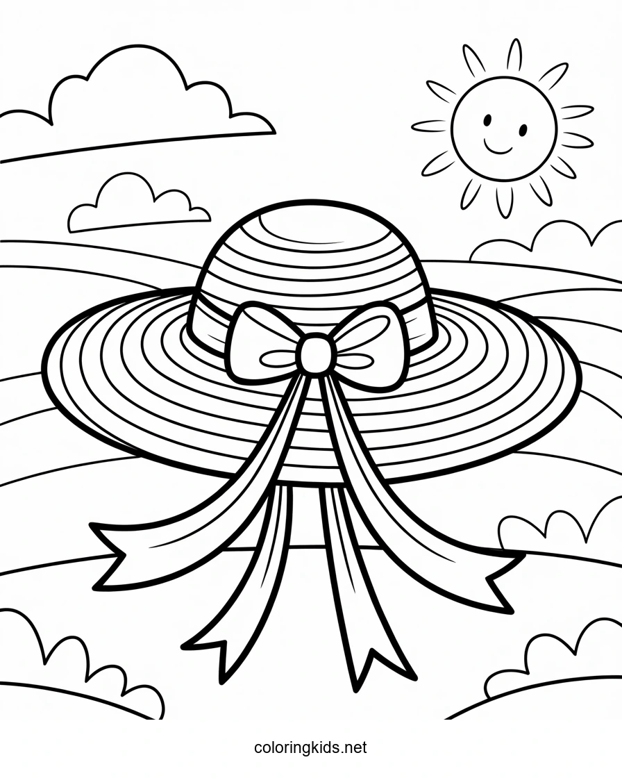 Summer hat with ribbons coloring page for girls, printable free