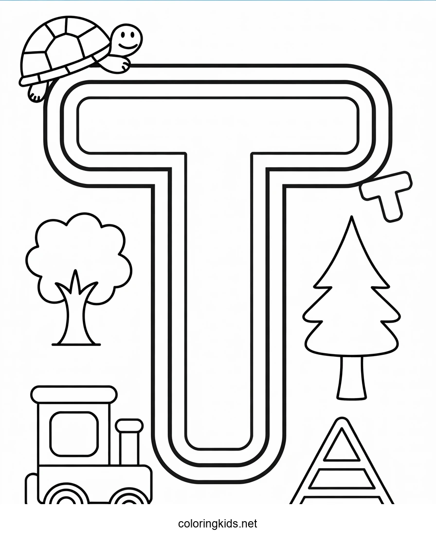 T letter coloring pages of alphabet, T letter words for kids, printable