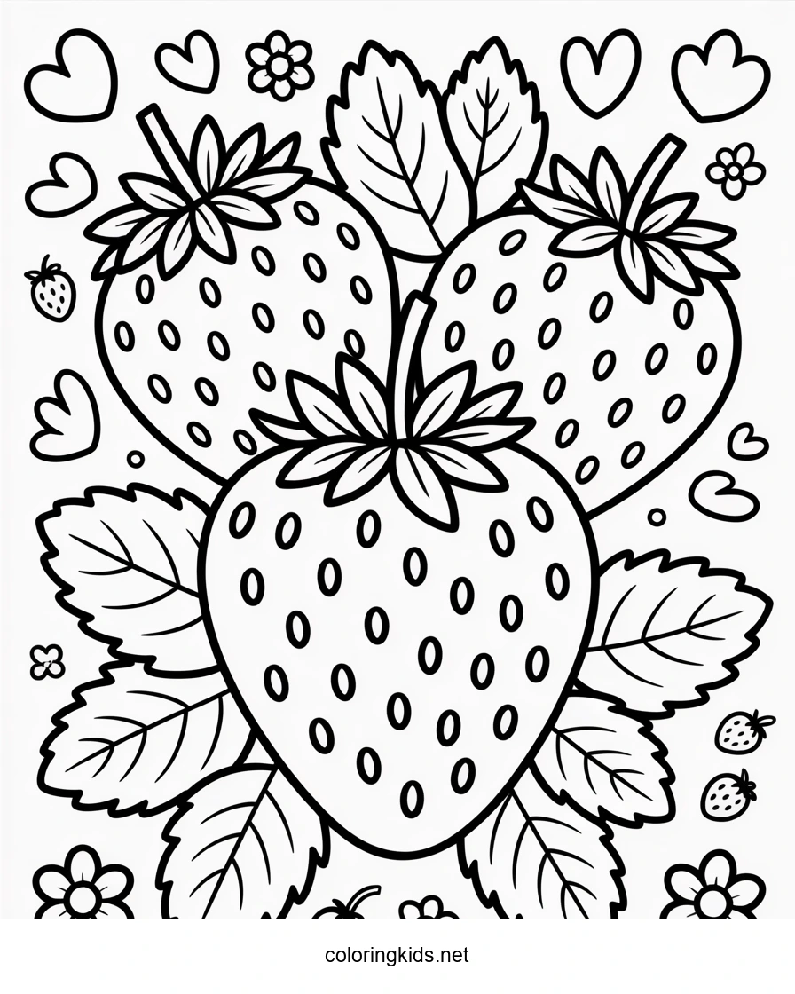 Three Strawberries Fruits coloring pages simple for kids, printable free