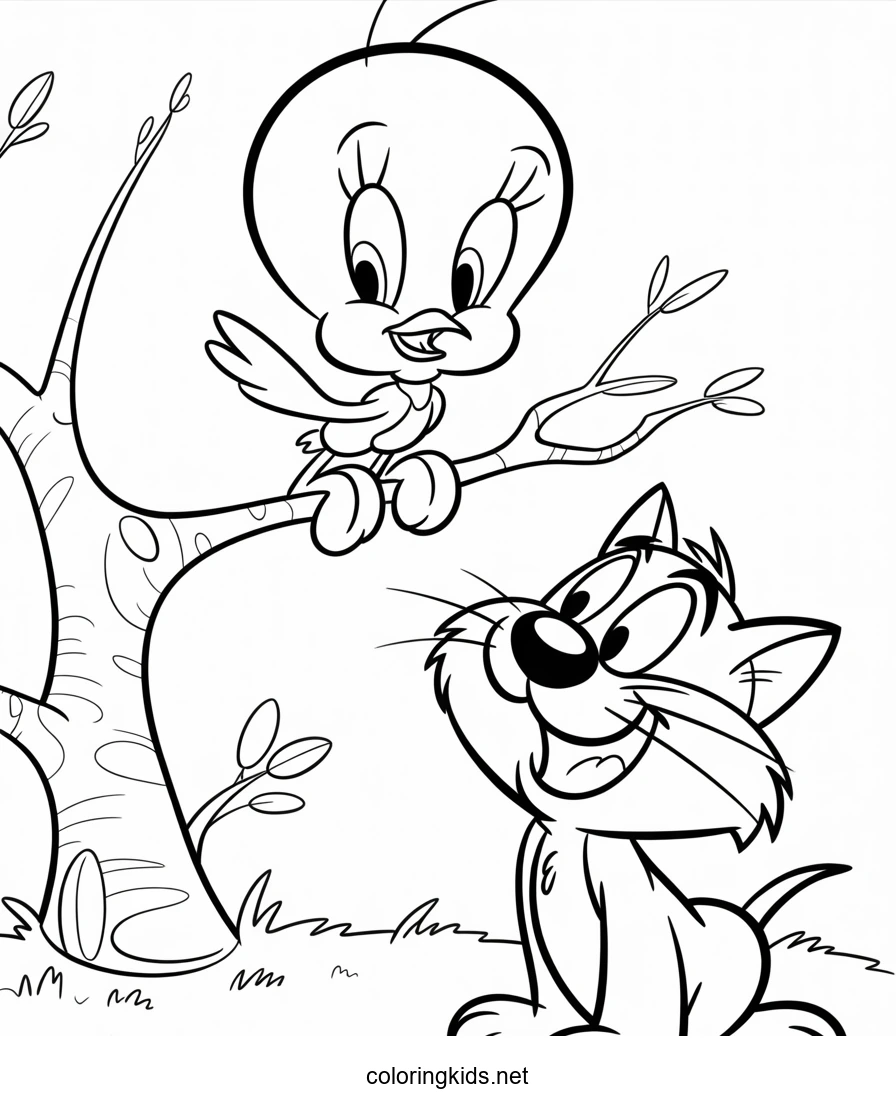 Tweety Bird and Sylvester Cat Coloring Pages for Kids, Printable Free