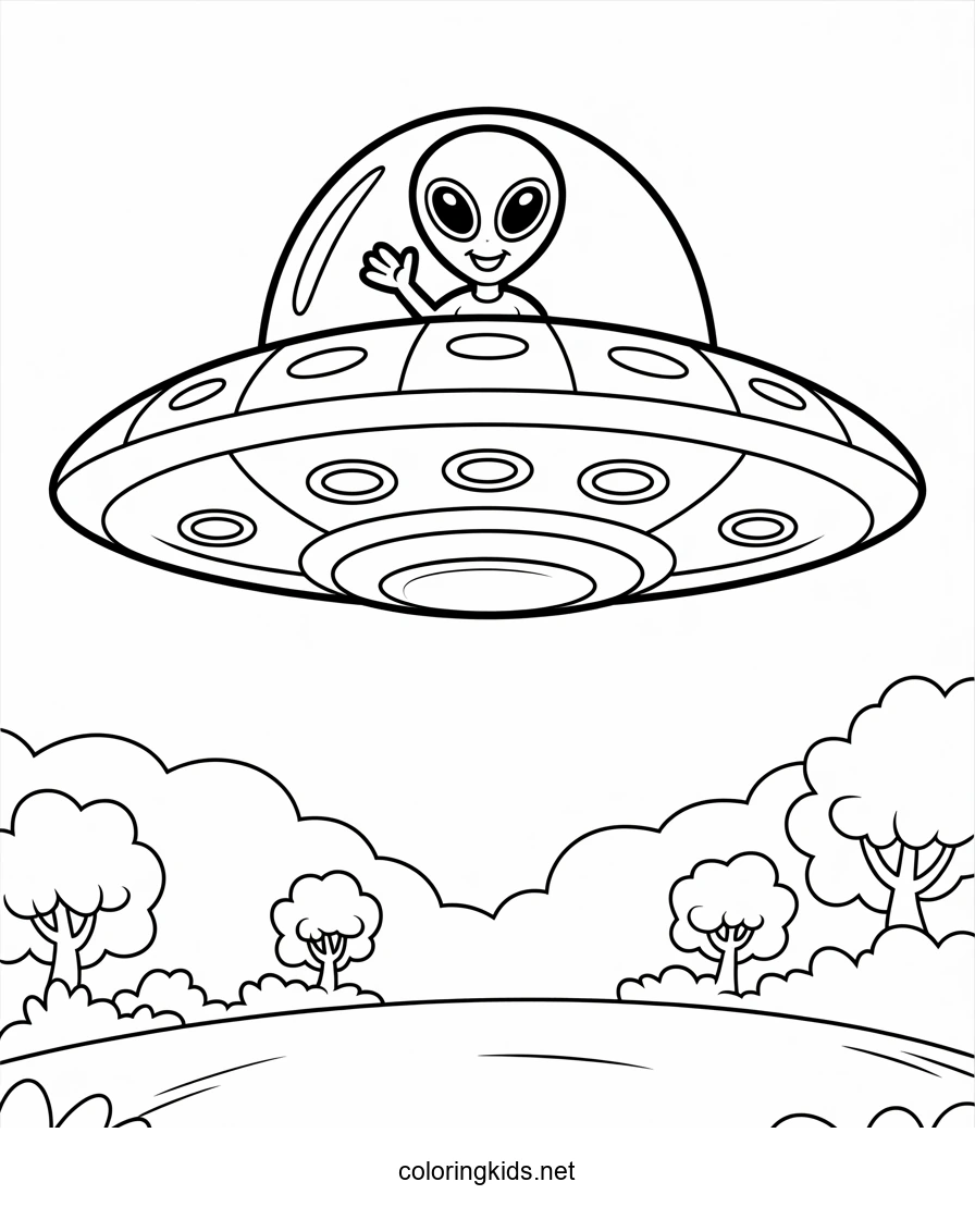 UFO spacecraft coloring pages with alien for kids, printable free