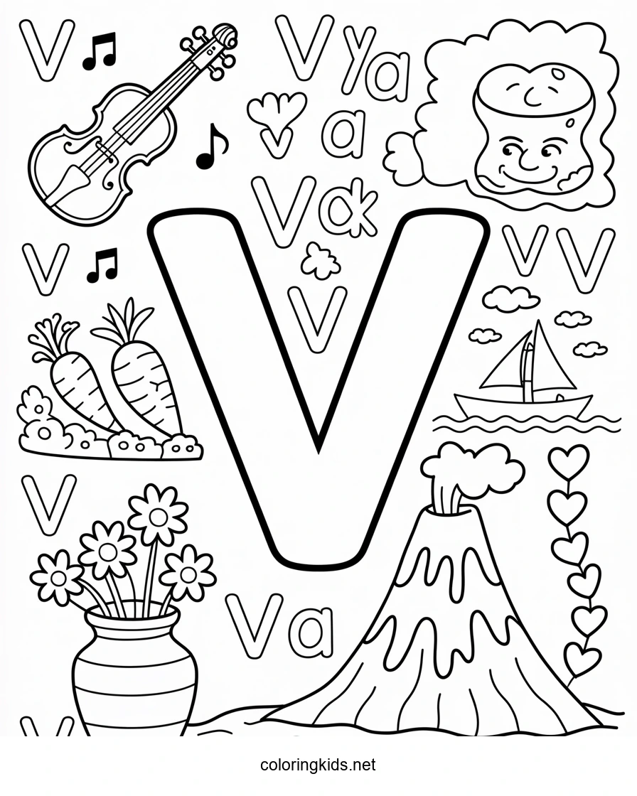 Letter V coloring pages of alphabet (V letter words) for kids, printable