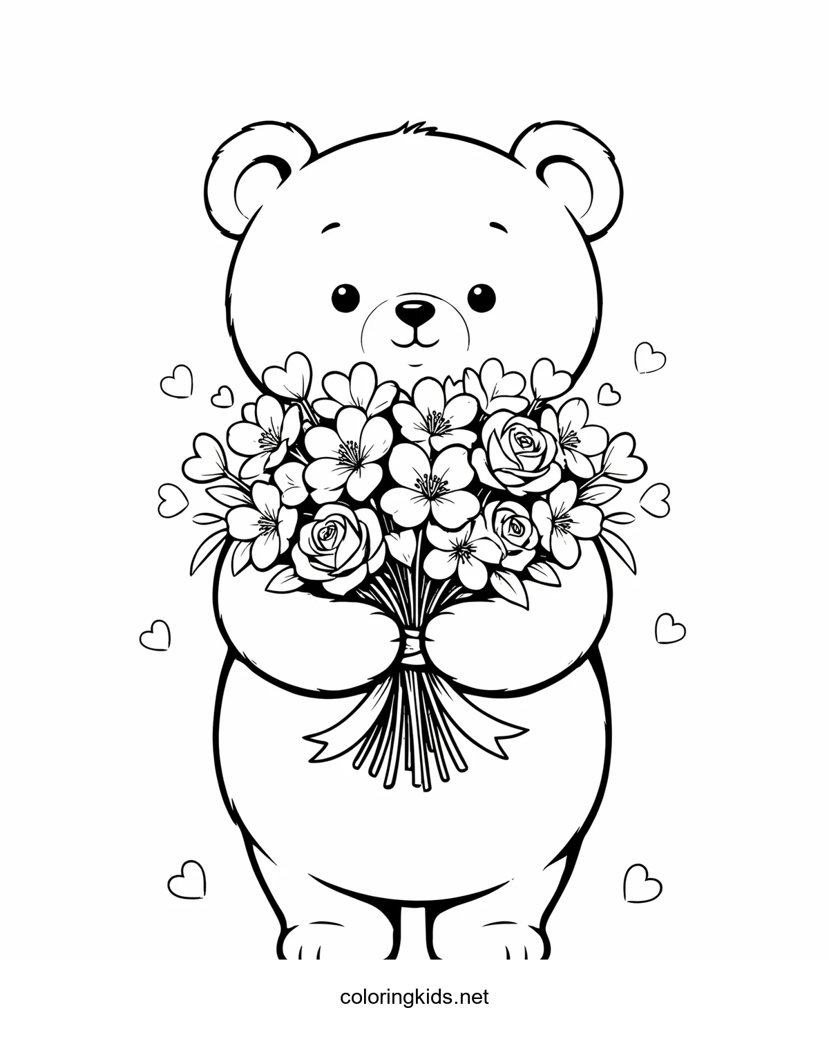 Valentine's Bear with Flowers coloring pages for kids, printable free