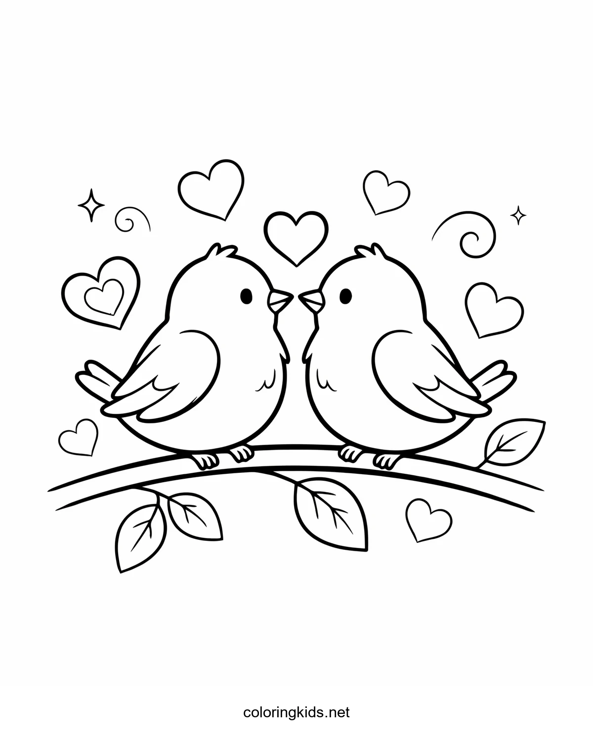Valentine's Love Birds coloring pages for kids, printable free