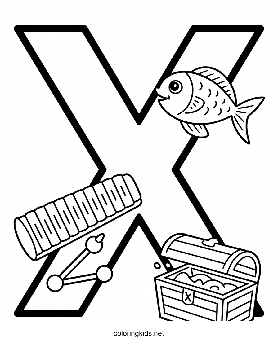 Letter X coloring pages of alphabet (X letter words) for kids, printable