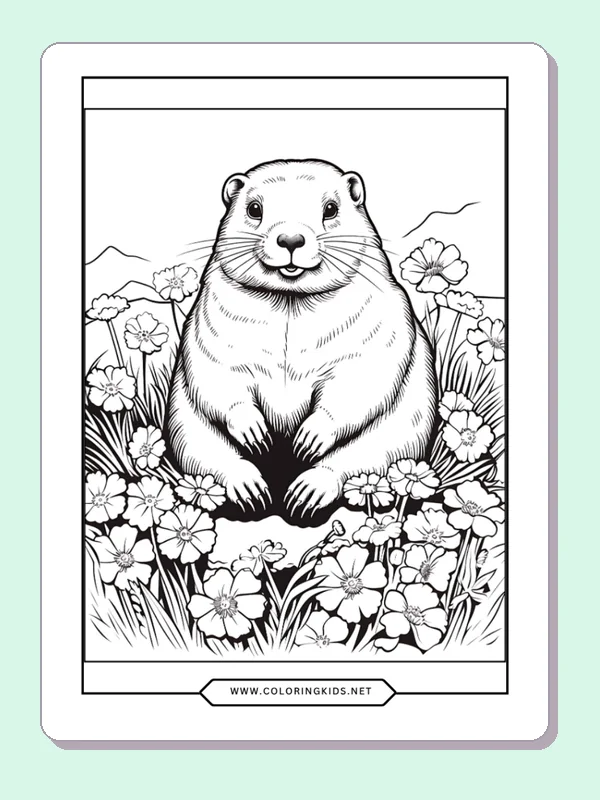 Groundhog sitting among flowers