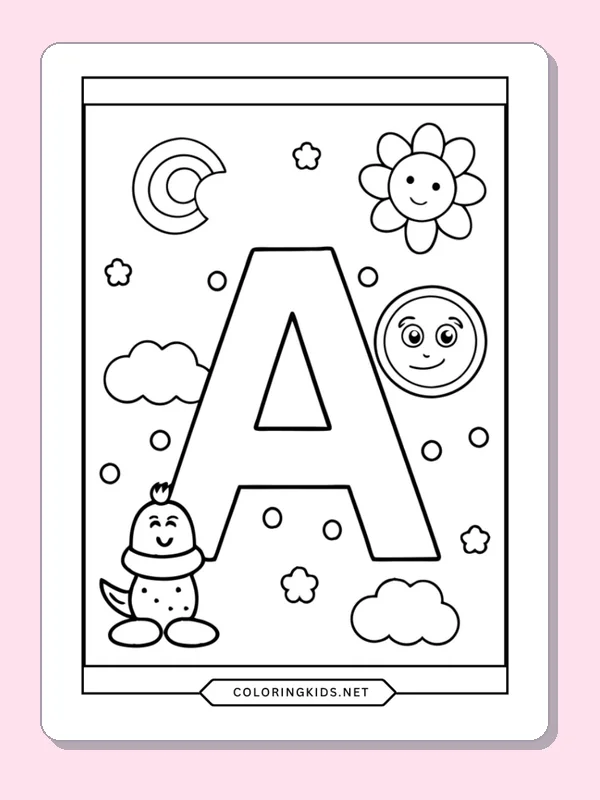 Large A with apple and smiling sun