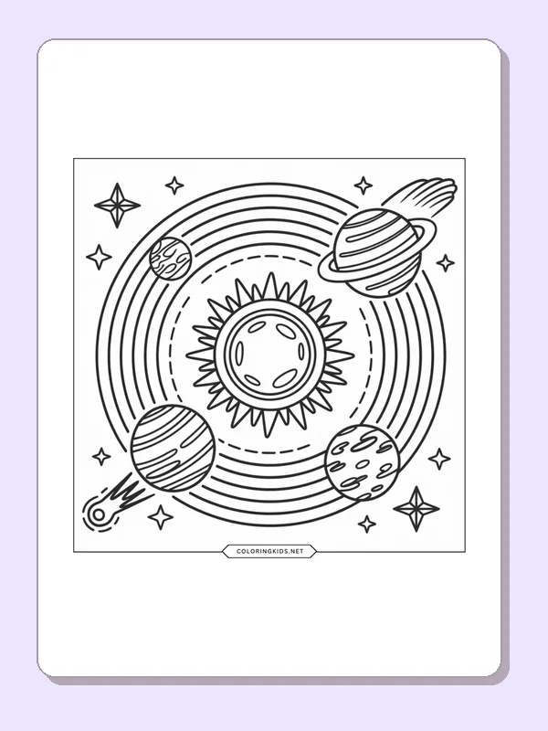 Smiling sun with planets and stars