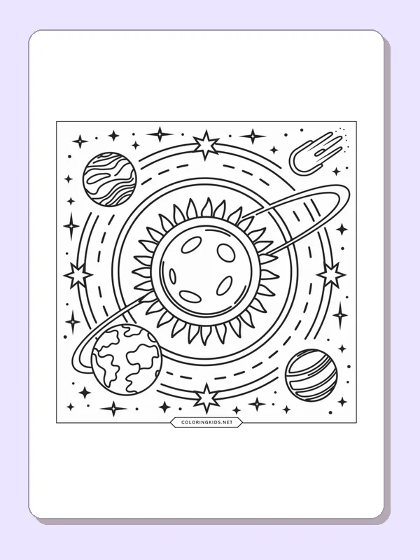 Patterned sun with orbiting planets