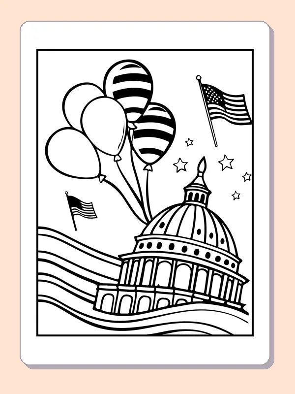 Holiday balloons above a domed building with columns and flag decorations