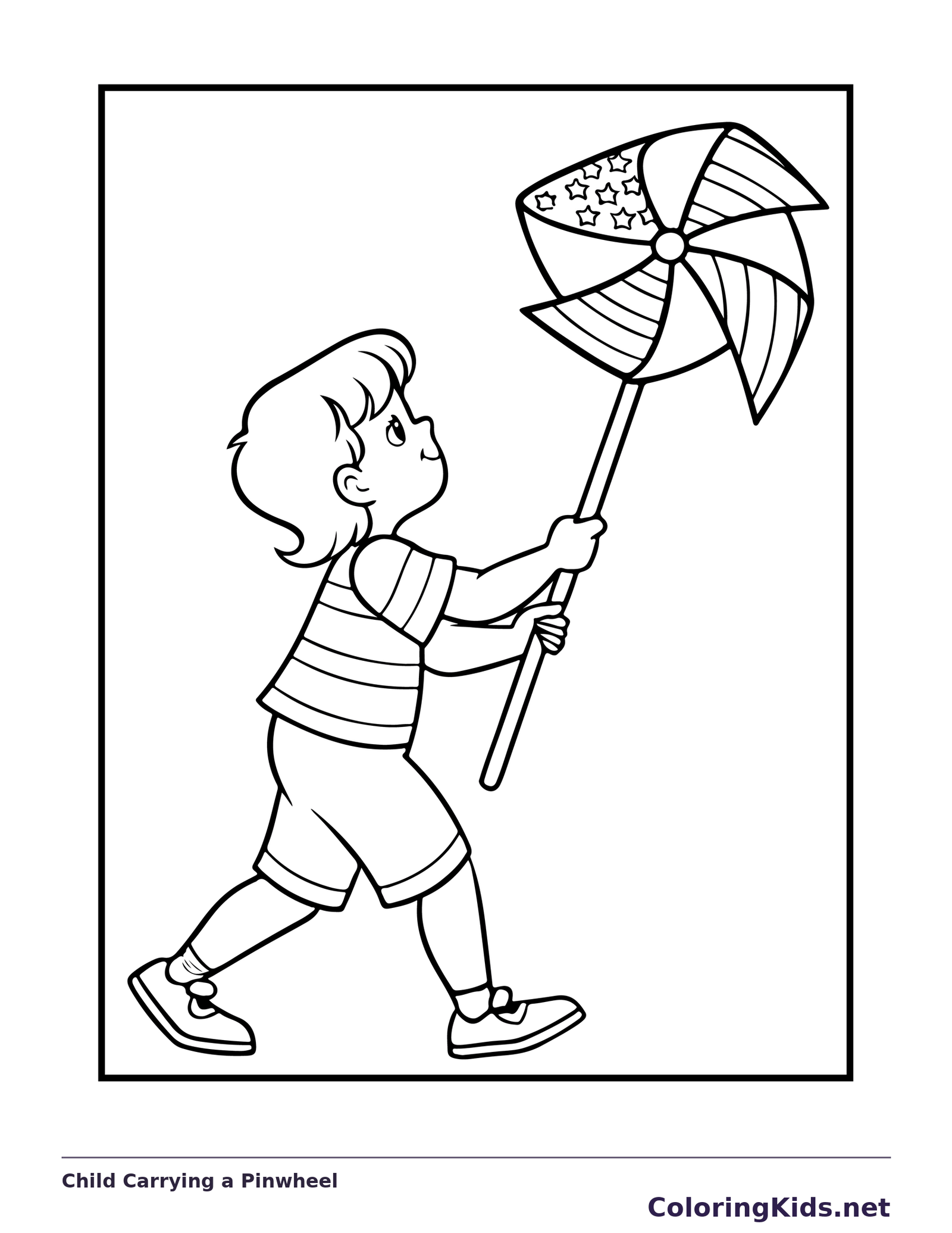 Walking child holding a large star-patterned pinwheel