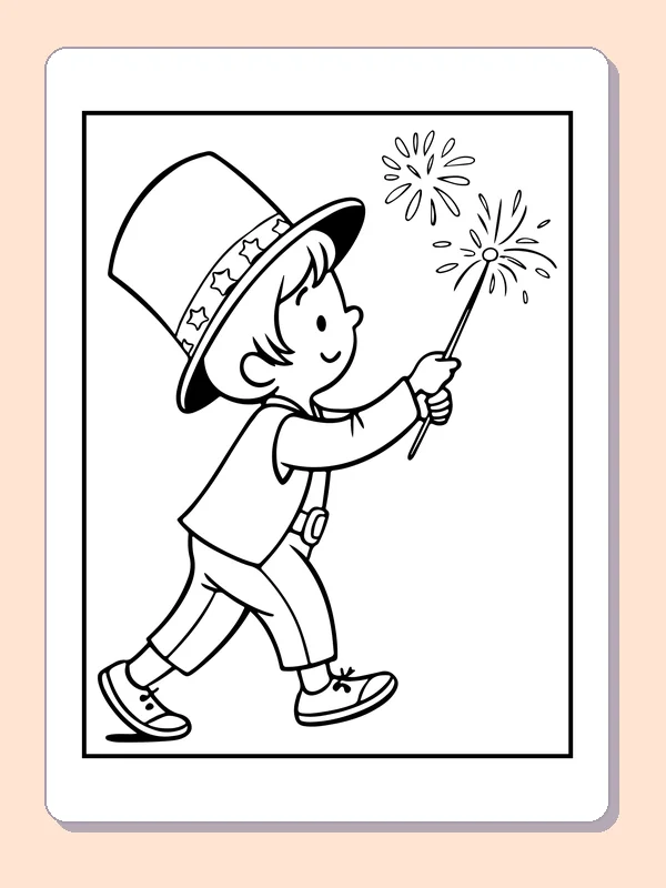Child in a tall hat holding a sparkler beneath two bursts
