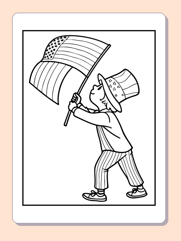 Child holding a large decorative United States flag illustration