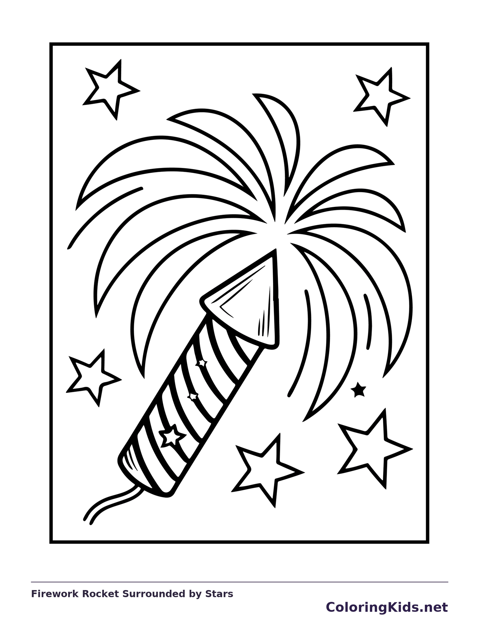 Single firework rocket with curved trails and stars