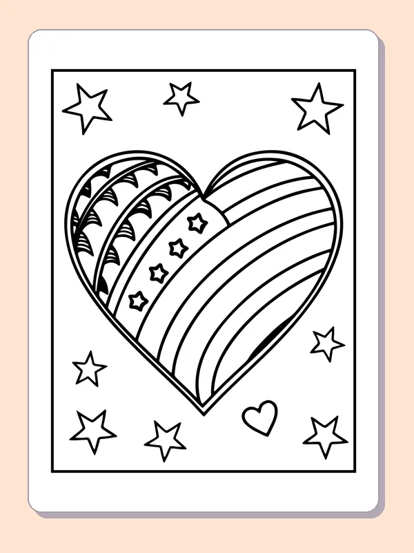 Large heart filled with decorative stars and curved flag-like stripes