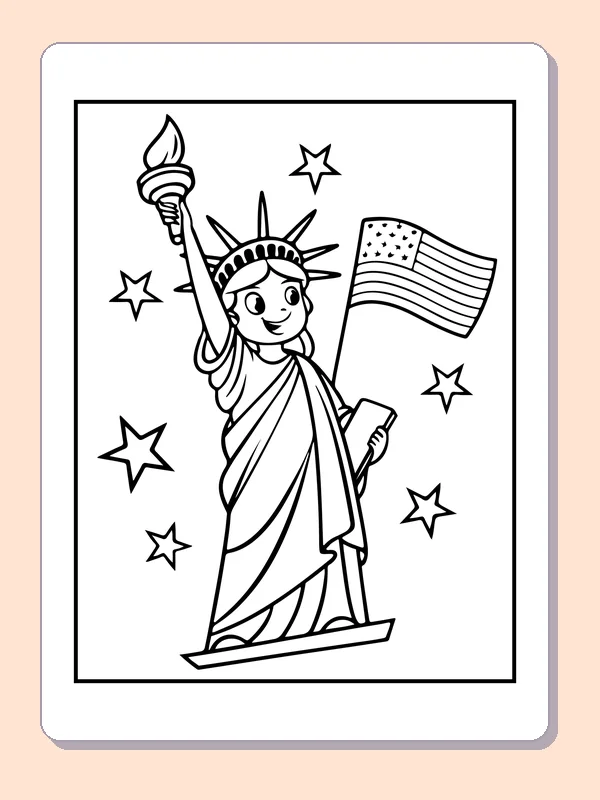 Statue of Liberty drawing with torch, decorative flag and stars