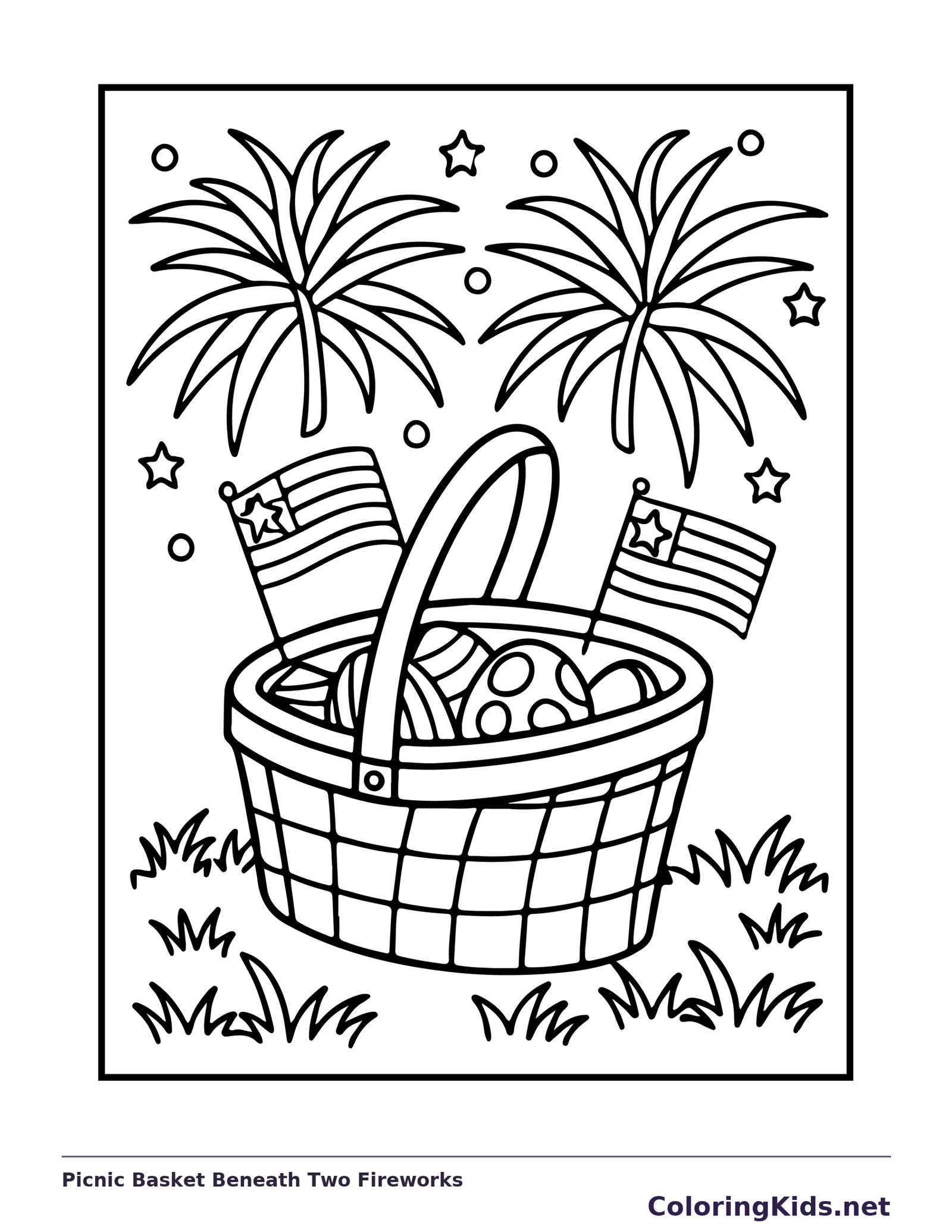 Picnic basket with little flags under two firework bursts