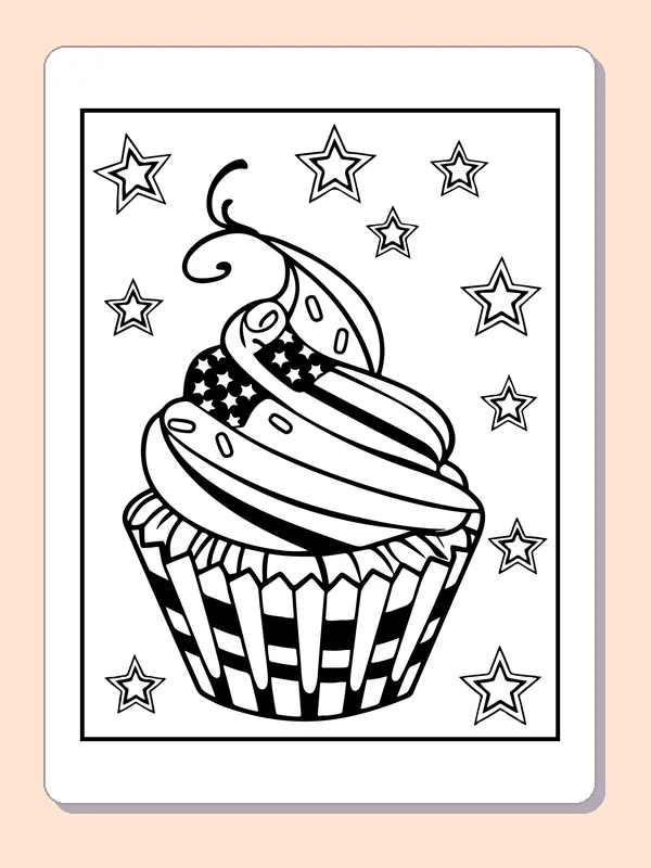 Party cupcake with striped wrapper and curled topper surrounded by stars