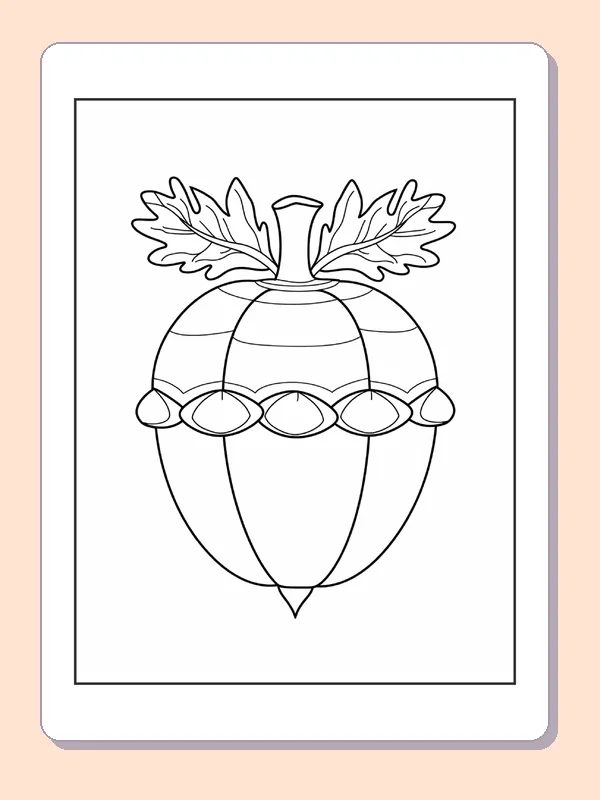 Acorn with Beaded Band and Oak Leaves, black-and-white acorn line art