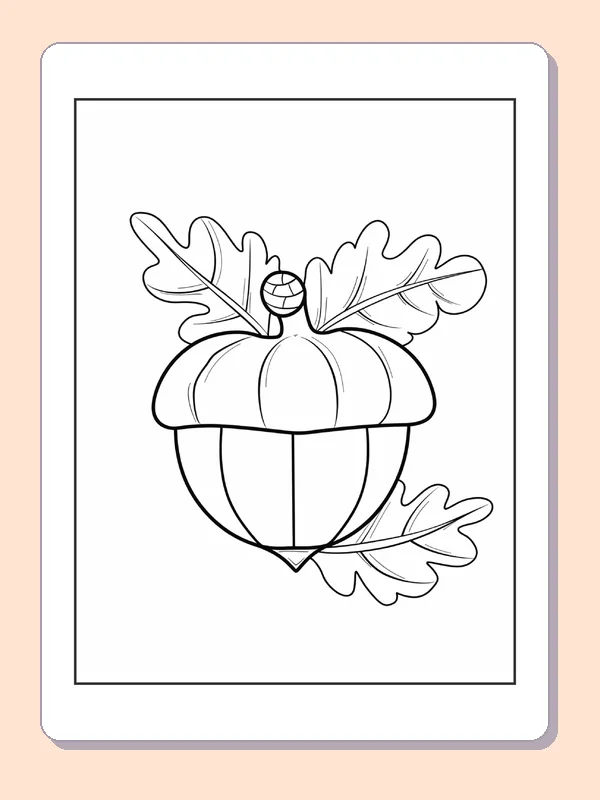 Acorn with Oak Leaves at Top and Side, black-and-white acorn line art