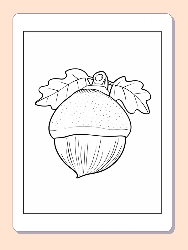 Acorn with Speckled Cap and Leaves, black-and-white acorn line art