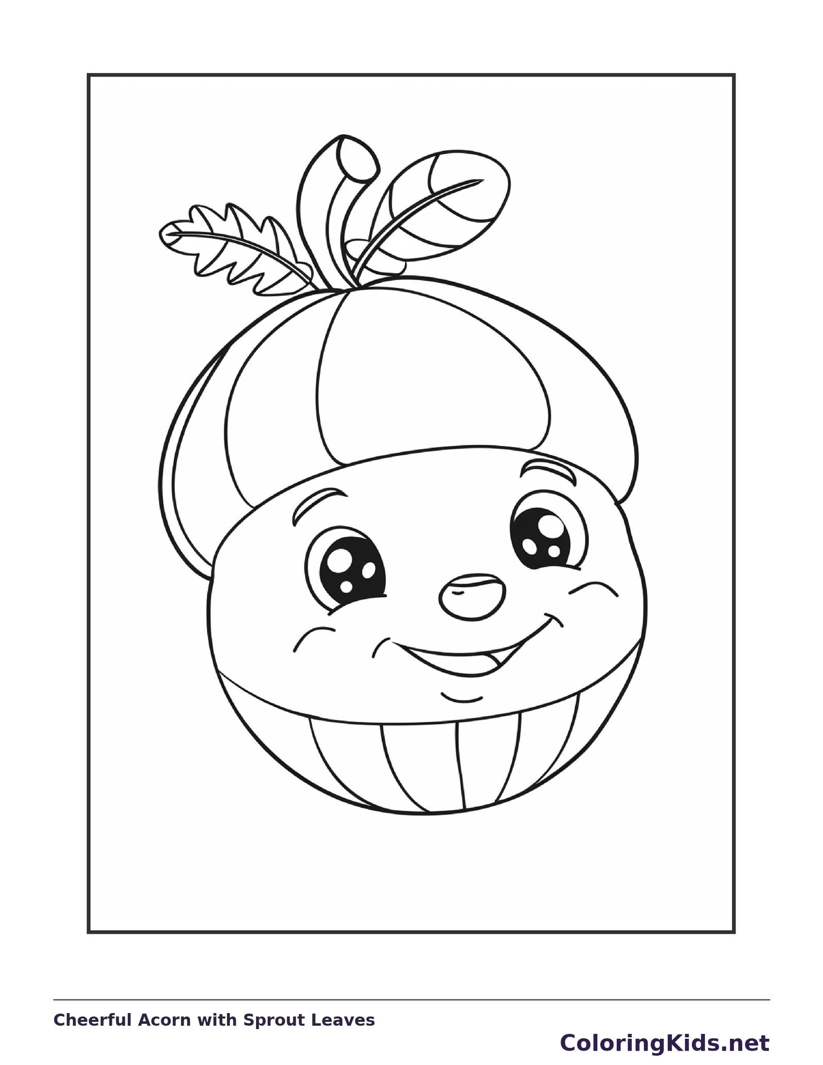 Cheerful Acorn with Sprout Leaves, black-and-white acorn line art