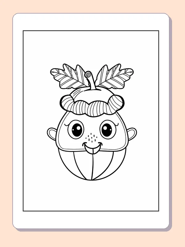 Grinning Acorn with Leaf Crown, black-and-white acorn line art