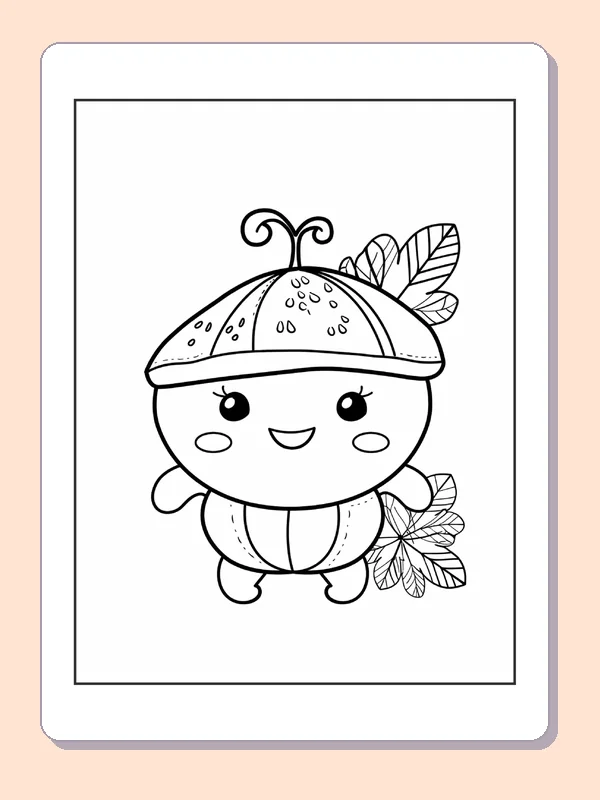 Happy Acorn with Spotted Cap, black-and-white acorn line art
