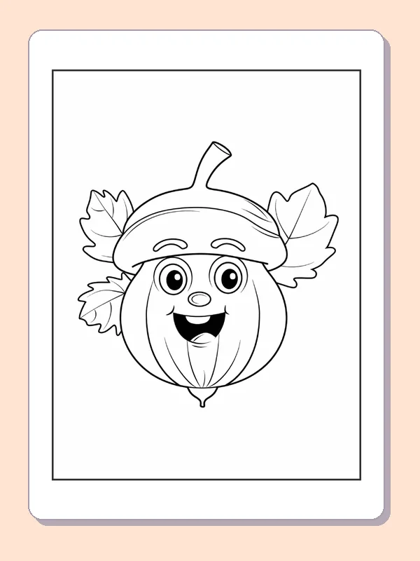 Laughing Acorn Framed by Oak Leaves, black-and-white acorn line art