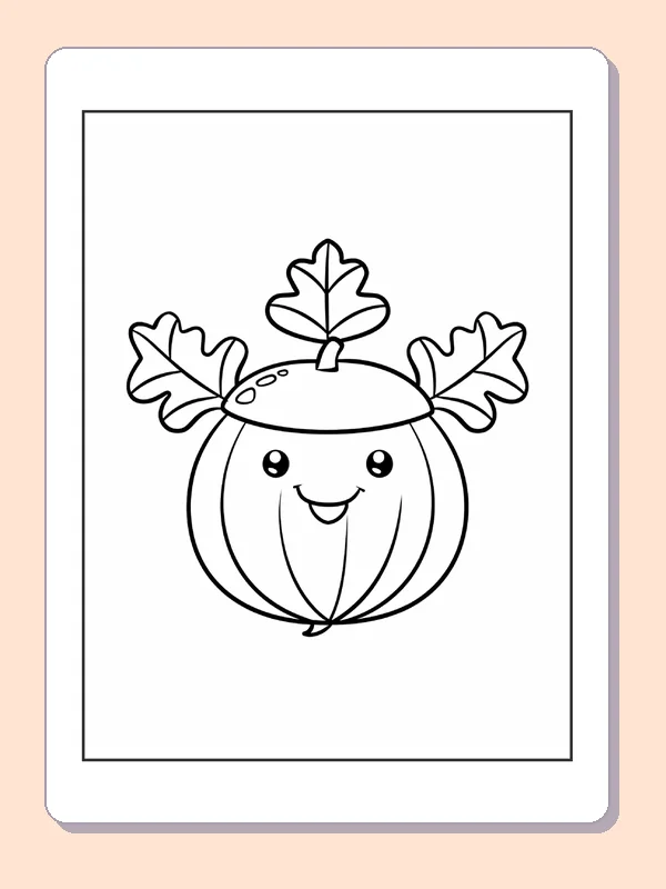 Laughing Acorn with Three Oak Leaves, black-and-white acorn line art