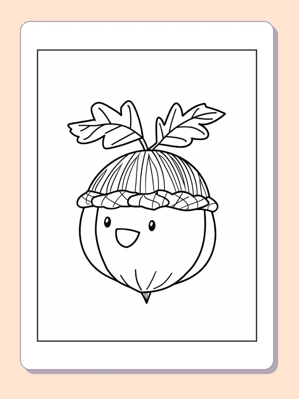 Little Acorn under Twin Leaves, black-and-white acorn line art
