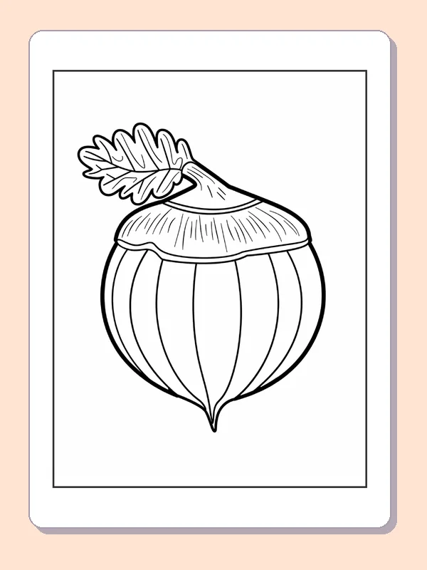 Plain Acorn with Ribbed Shell and Leaf, black-and-white acorn line art