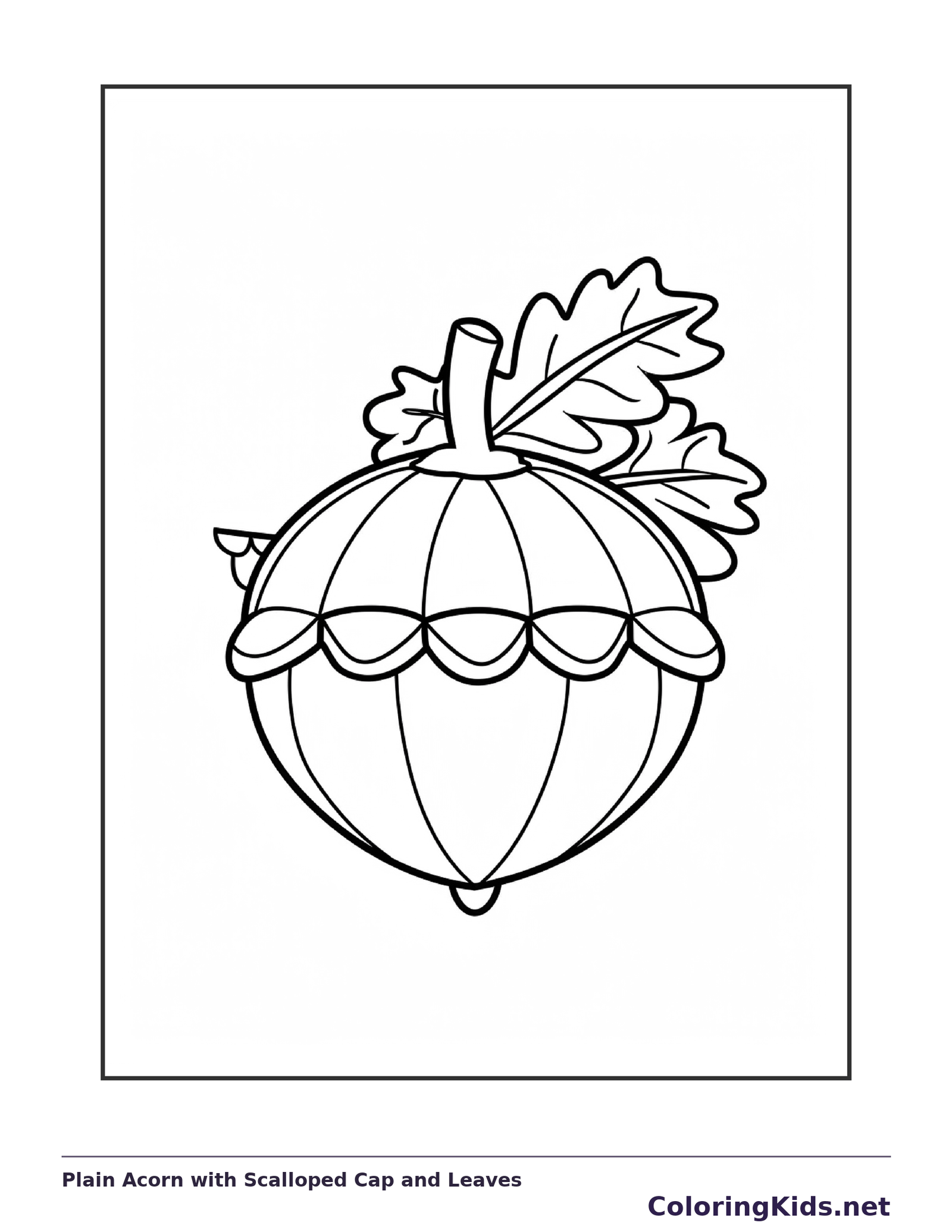 Plain Acorn with Scalloped Cap and Leaves, black-and-white acorn line art