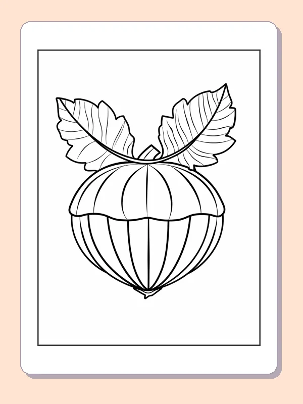 Plain Acorn with Two Upright Leaves, black-and-white acorn line art