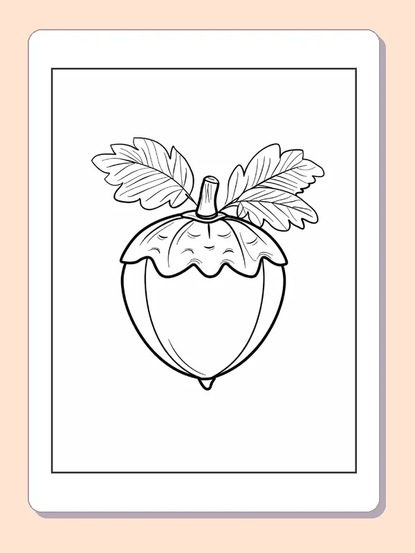 Plain Acorn with Two Veined Leaves, black-and-white acorn line art