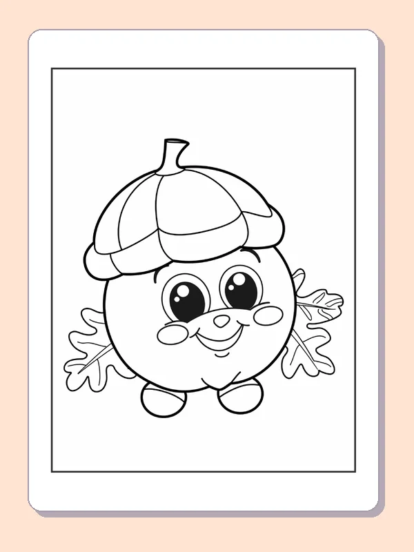 Round Acorn with Feet and Leaf Arms, black-and-white acorn line art