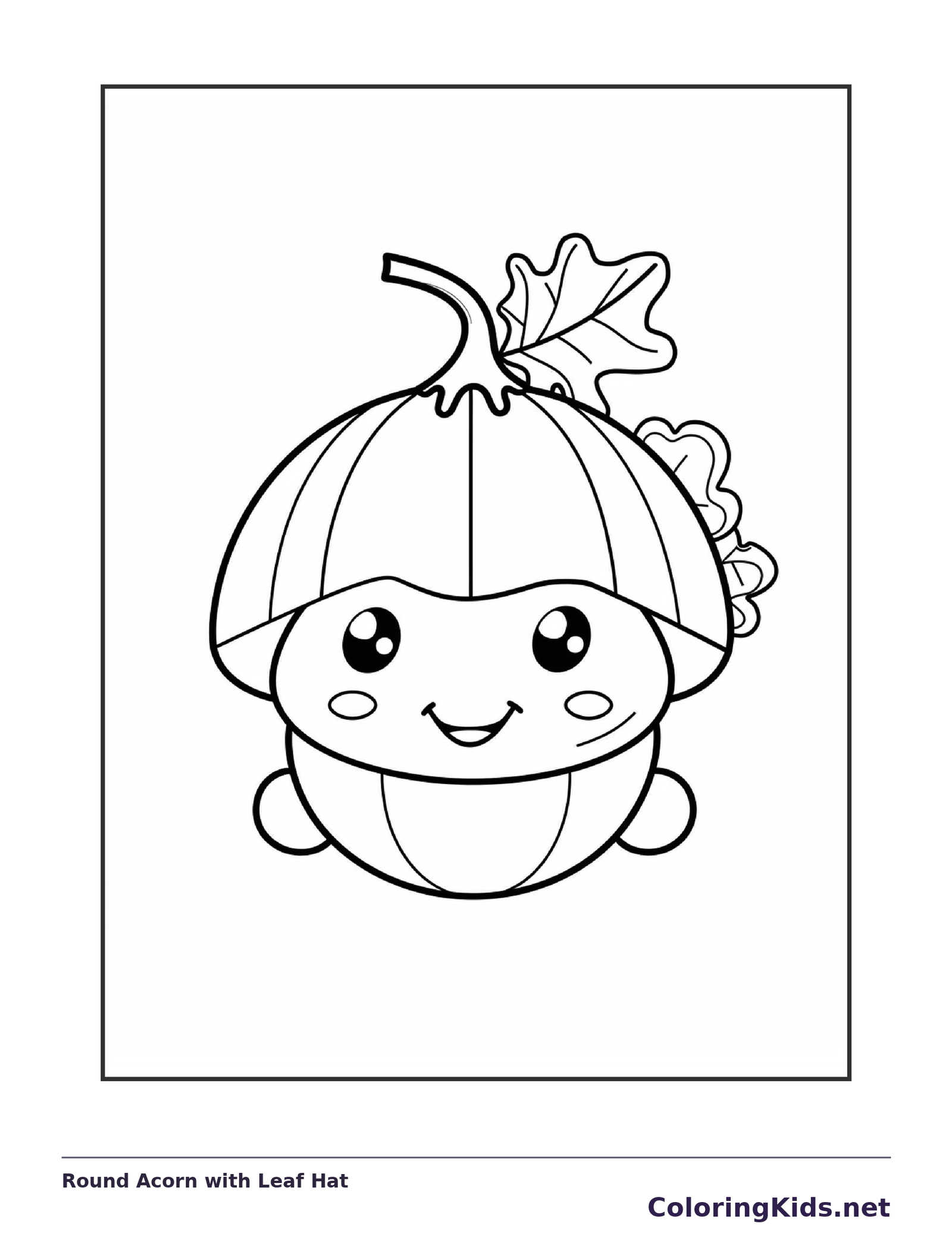 Round Acorn with Leaf Hat, black-and-white acorn line art