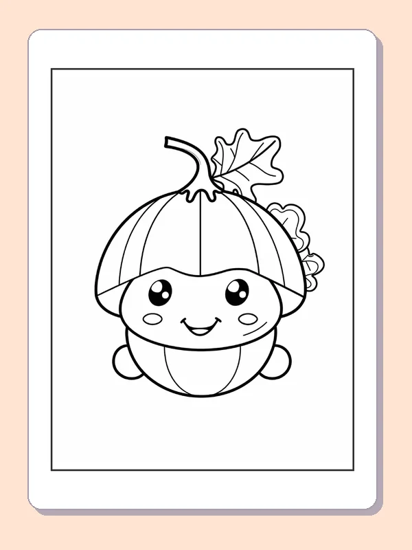 Round Acorn with Leaf Hat, black-and-white acorn line art