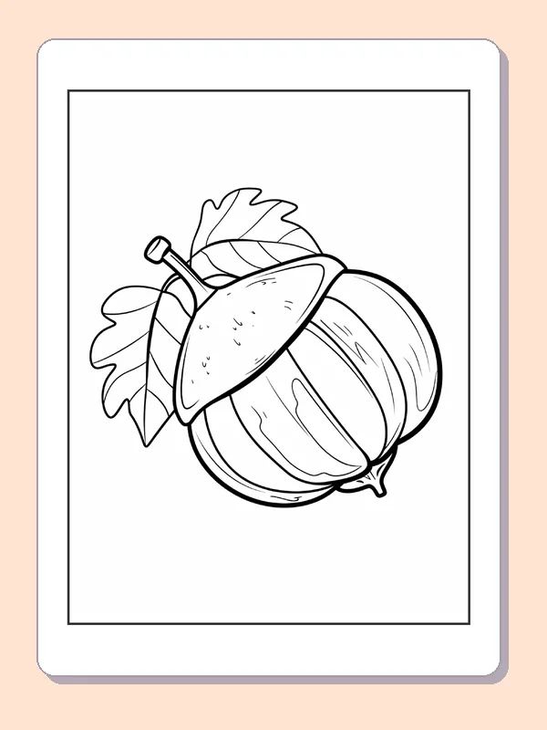 Sideways Acorn among Oak Leaves, black-and-white acorn line art