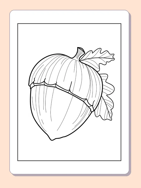 Sideways Acorn with Curved Cap, black-and-white acorn line art