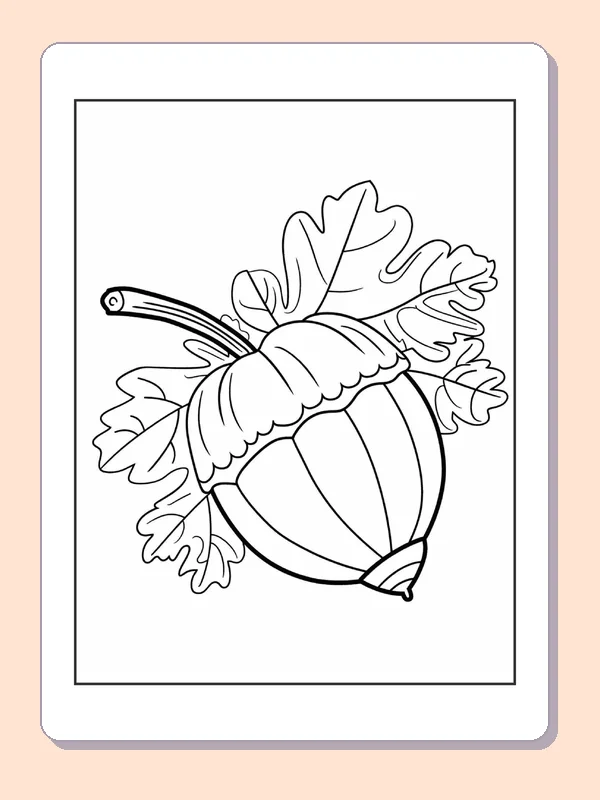 Sideways Acorn in a Leaf Cluster, black-and-white acorn line art