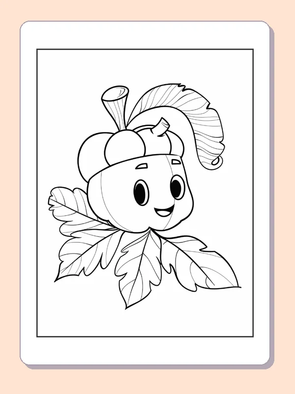 Sideways Acorn with Long Stem, black-and-white acorn line art