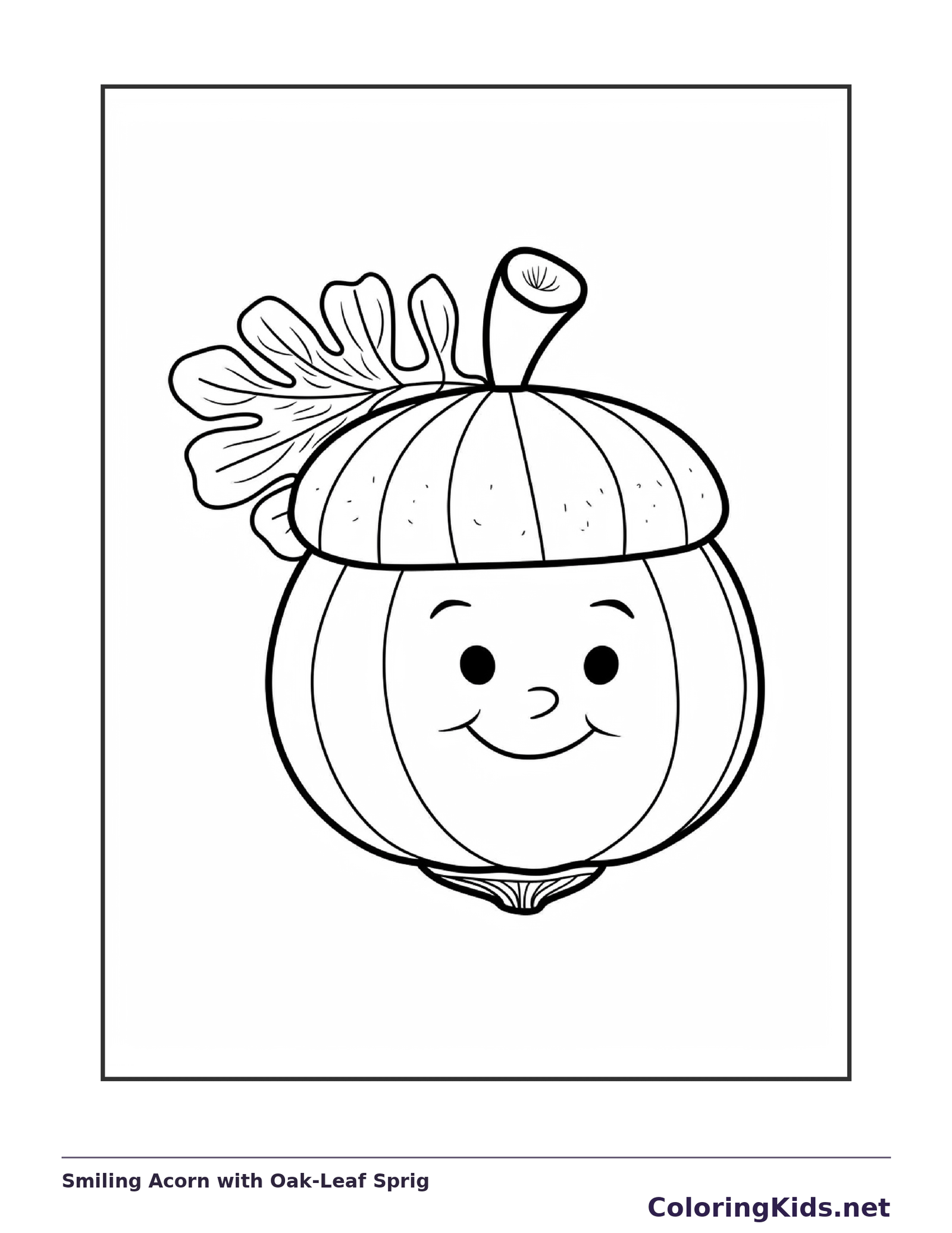 Smiling Acorn with Oak-Leaf Sprig, black-and-white acorn line art