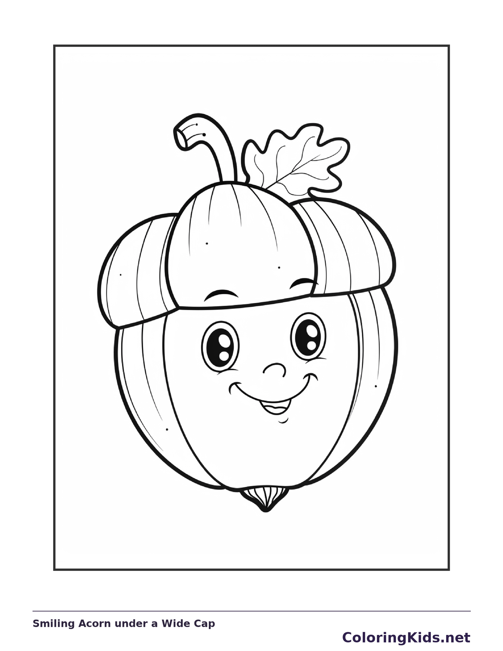 Smiling Acorn under a Wide Cap, black-and-white acorn line art