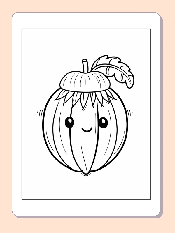 Winking Acorn with Curling Stem, black-and-white acorn line art