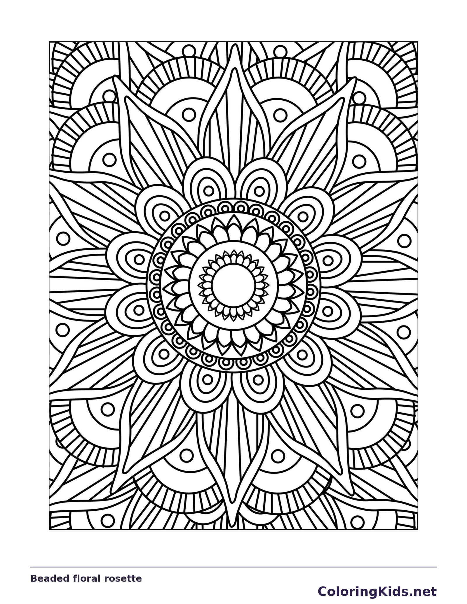 Black and white printable beaded floral rosette coloring sheet