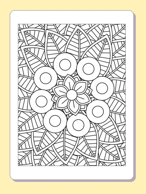 Black and white printable circle-ring floral tile coloring sheet
