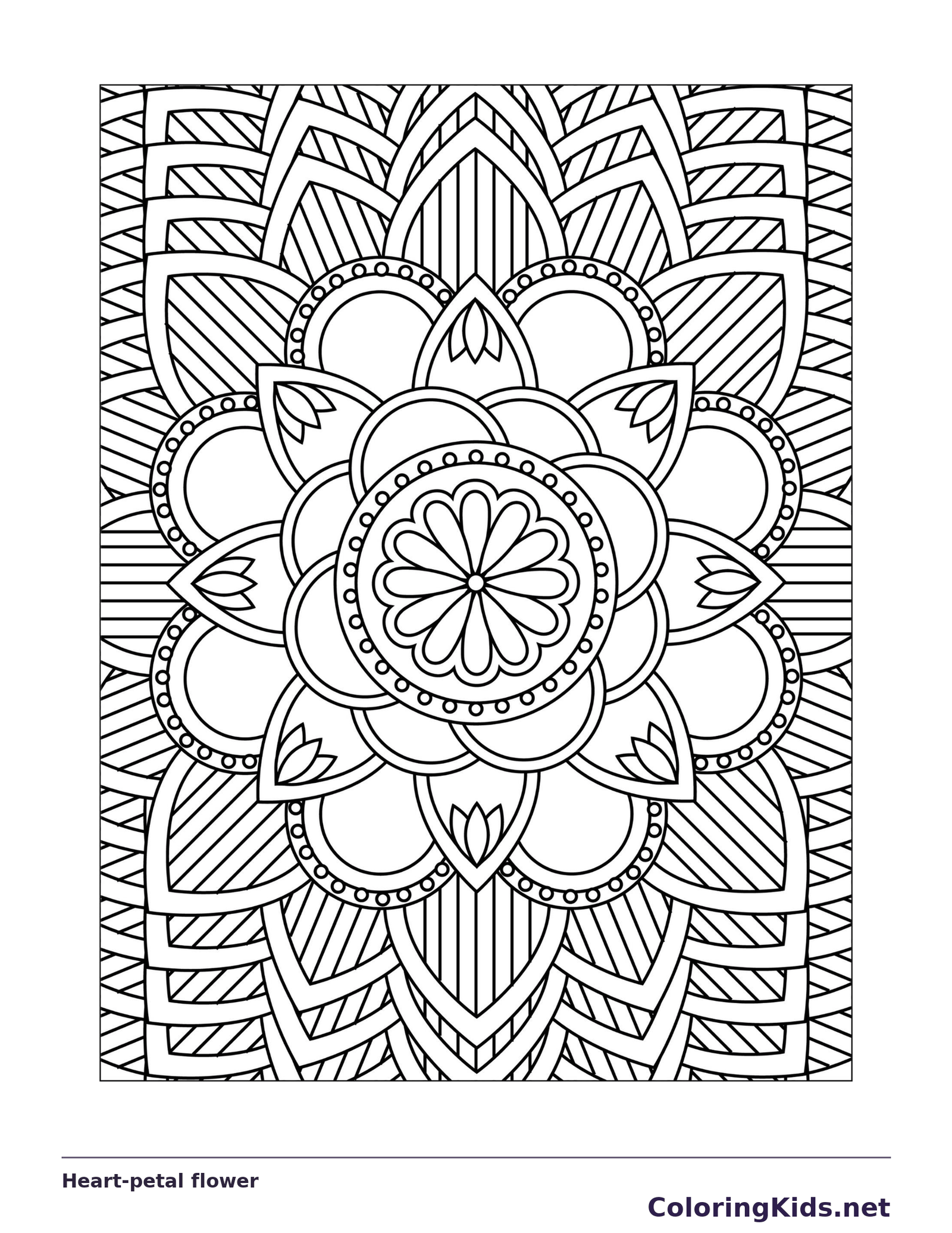 Black and white printable heart-petal flower coloring sheet