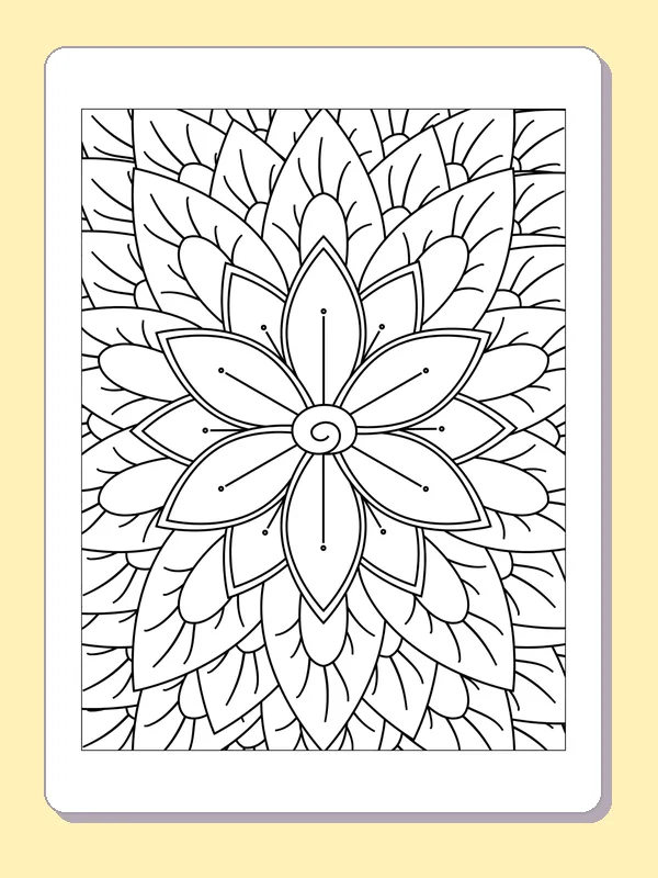 Black and white printable layered leaf blossom coloring sheet