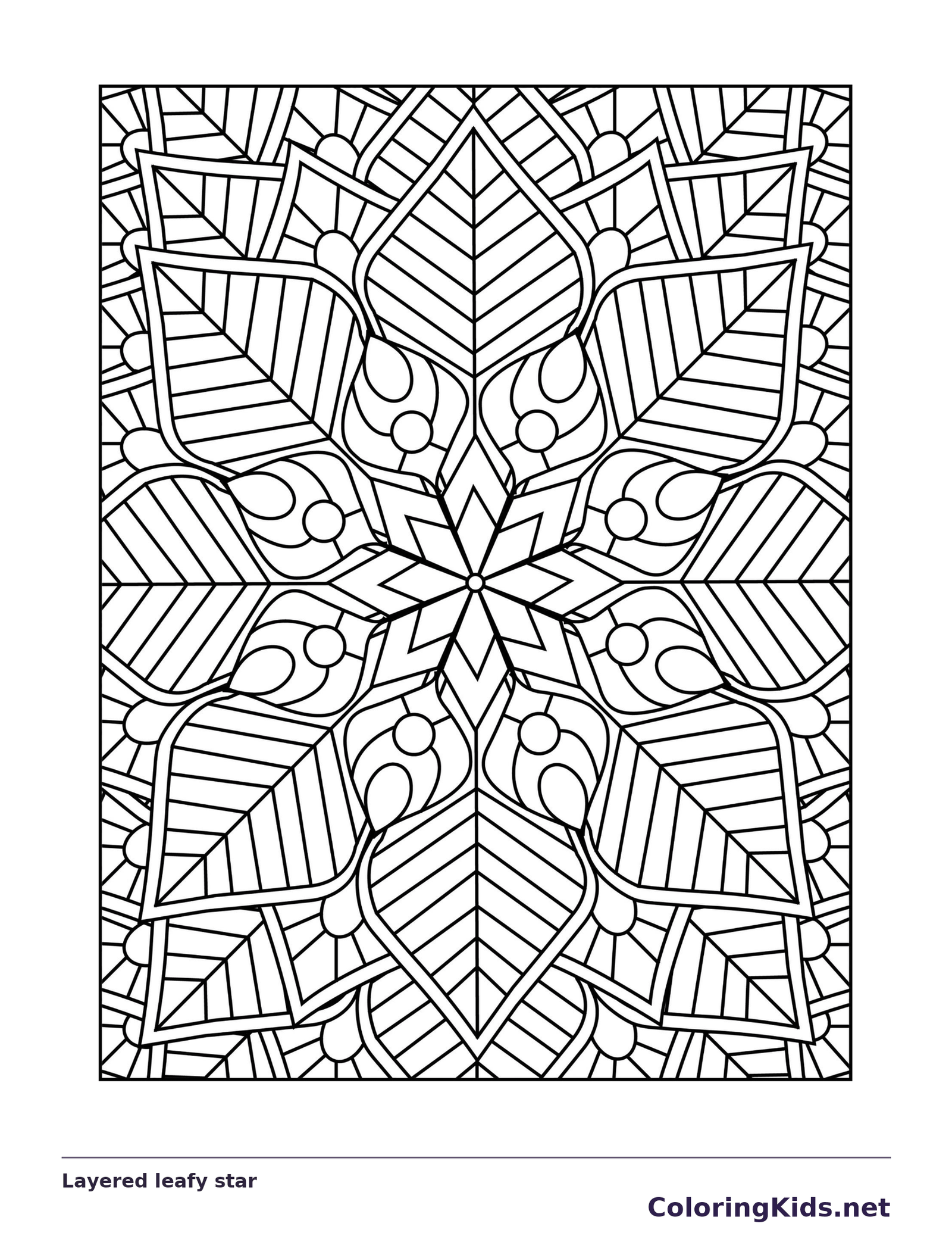 Black and white printable layered leafy star coloring sheet